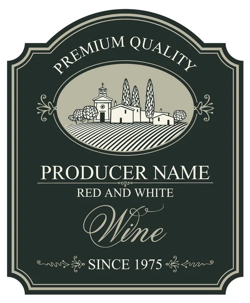 Étiquette Vin Vectoriel Avec Paysage Village Européen Dans Style Rétro — Image vectorielle