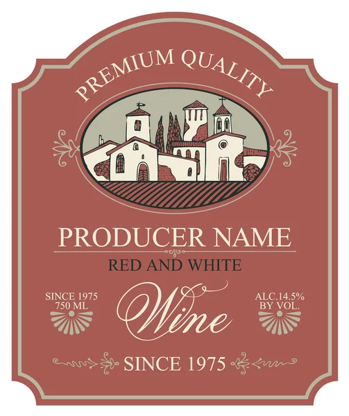 Etiquette Vectorielle Pour Vin Rouge Blanc Avec Paysage Village Européen — Image vectorielle