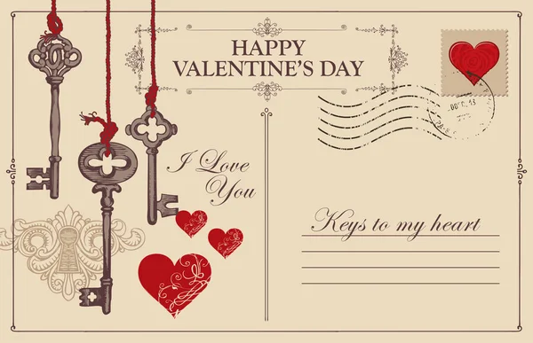 Tarjeta Retro San Valentín Forma Postal Con Llaves Ojo Cerradura — Vector de stock