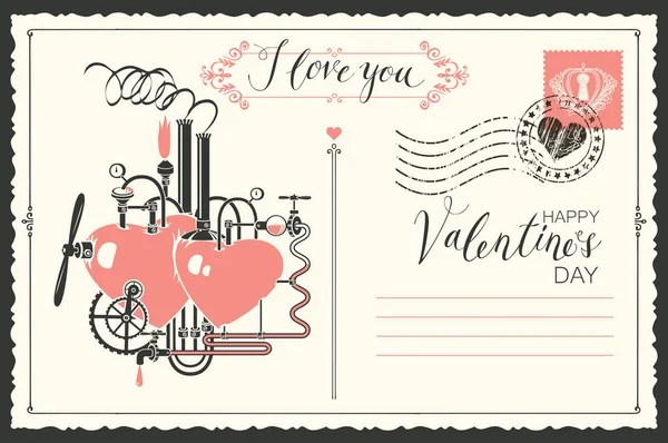 Valentine Karty Podobě Pohlednice Dvěma Srdci Propojeny Různými Mechanismy Potrubí — Stockový vektor