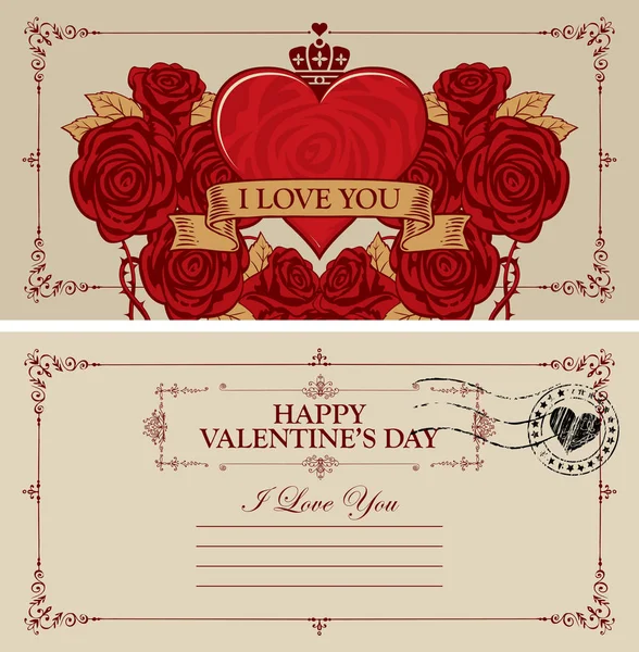 Two Sides Valentine Card Postcard Red Heart Roses Romantic Vector — Stock Vector