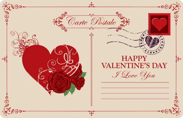 Retro Valentinskarte Oder Postkarte Mit Rotem Herz Und Rosen Romantische — Stockvektor