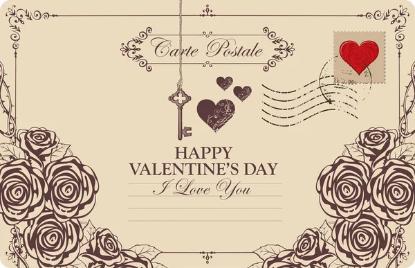 Carte Rétro Valentine Carte Postale Avec Clé Coeur Roses Carte — Image vectorielle