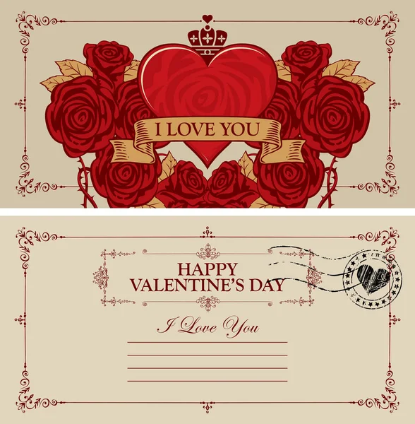 Bir Sevgililer Günü Kartı Veya Kartpostal Kırmızı Bir Kalp Gül — Stok Vektör