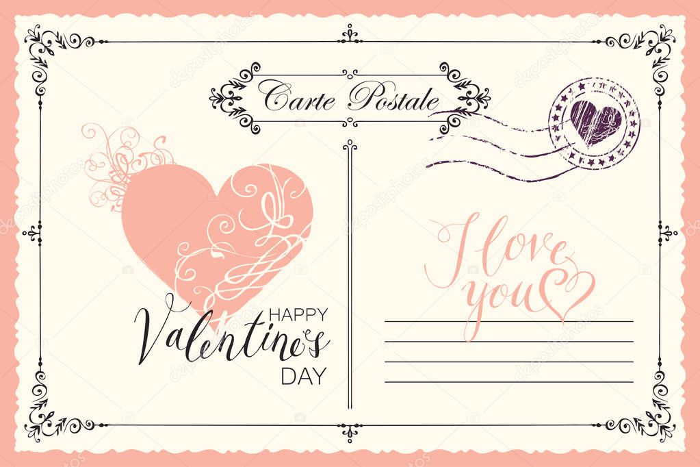 Retro valentine card in form of postcard with pink heart and postmark. Romantic vector card in vintage style with place for text, calligraphic inscription I love you and words Happy Valentine's day