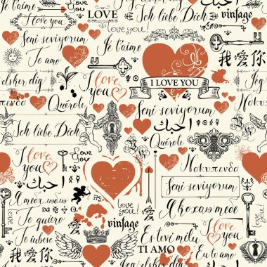 Vektör sorunsuz arka plan kırmızı kalpler, anahtarlar, anahtar delikleri, tanrılarının ve aşk Tema letterings ile. Retro tarzı aşk beyanları farklı dillerde yazılmış el ile arka plan.