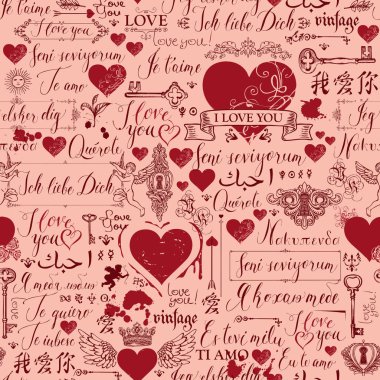 Vektör sorunsuz arka plan kırmızı kalpler, anahtarlar, anahtar delikleri, tanrılarının ve aşk Tema letterings ile. Pembe arka plan bildirimleri aşkın farklı dillerde yazılmış el ile retro tarzında.