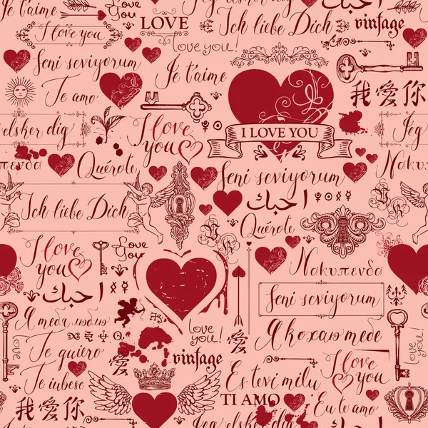 Vektör sorunsuz arka plan kırmızı kalpler, anahtarlar, anahtar delikleri, tanrılarının ve aşk Tema letterings ile. Pembe arka plan bildirimleri aşkın farklı dillerde yazılmış el ile retro tarzında.