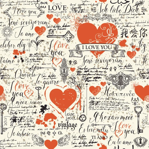 ベクトル心 愛のテーマ題字とシームレスな背景 異なる言語および古い原稿手書きの愛の宣言でレトロなスタイルで抽象的な背景 — ストックベクタ