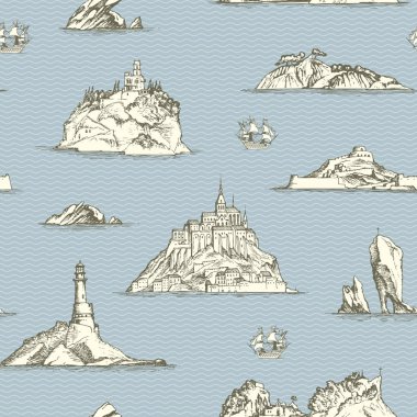 Vektör sorunsuz arka plan Tema seyahat, macera ve keşif. Eski el harita Adaları, fenerler ve Yelkenli ile dalga desen arka planda retro tarzı çizilmiş