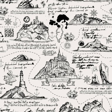 Vektör sorunsuz arka plan Tema seyahat, macera ve keşif. Adalar, deniz fenerleri, yelkenliler ve mürekkep ile deniz sembolleri ile eski el yazması engelliyor ve vintage tarzı lekeleri