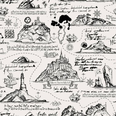 Vector abstract seamless background on the theme of travel, adventure and discovery. Old manuscript with islands, lighthouses, sailboats and nautical symbols with ink blots and stains in vintage style clipart