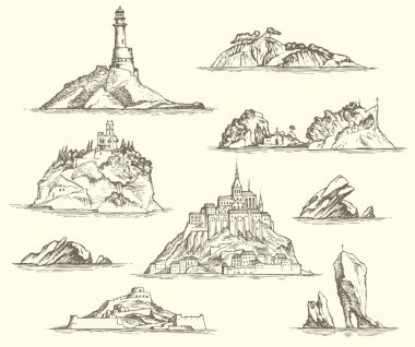 Vector set of island sketches isolated on beige background in retro style. Pencil drawings of the Islands with rocks, fortresses, buildings, lighthouse. Nautical theme clipart