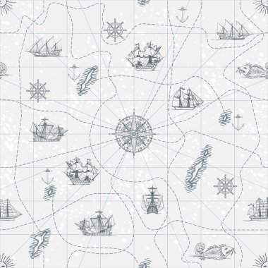 Vektör sorunsuz arka plan Tema seyahat, macera ve keşif. Eski el harita mahsul Yelkenli Yatlar, Rüzgar gülü, güzergah ve deniz sembolleri çizilmiş.
