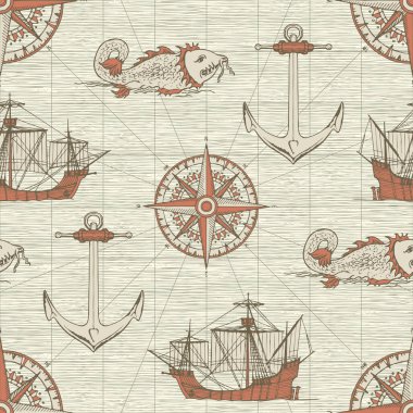 Vektör sorunsuz arka plan Tema seyahat, macera ve keşif. Eski caravels, yat, rüzgar gülleri, çapa ve dev catfishes retro tarzında yelken vintage