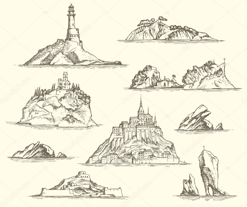 Vector set of island sketches isolated on beige background in retro style. Pencil drawings of the Islands with rocks, fortresses, buildings, lighthouse. Nautical theme