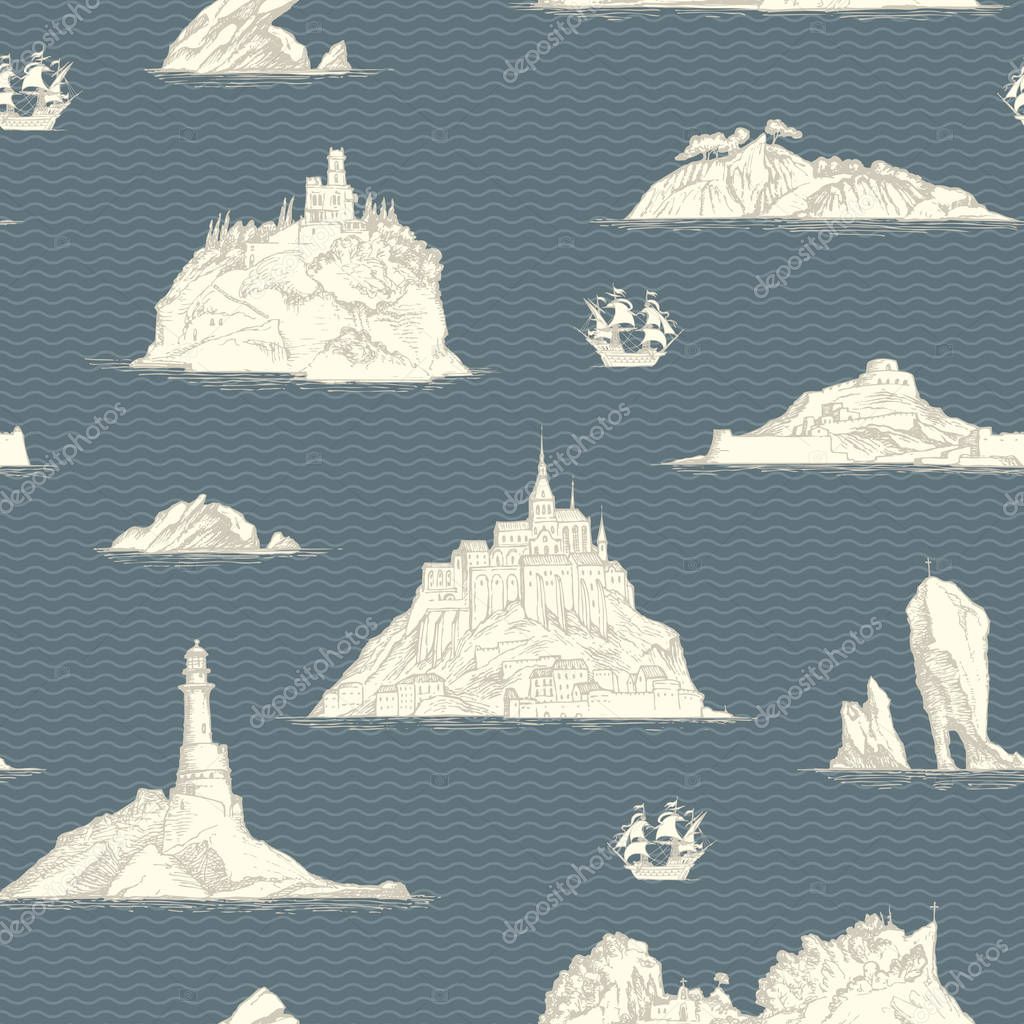 Vector abstract seamless background on the theme of travel, adventure and discovery. Old hand drawn map with islands, lighthouses and sailboats on the wave pattern background in retro style