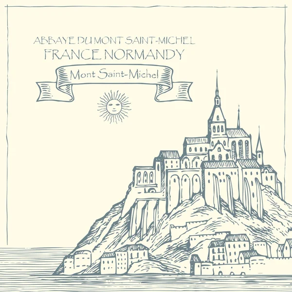 向量横幅在复古样式与手绘的例证圣米歇尔山 法国观光 修道院堡垒在海岛 — 图库矢量图片