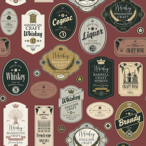 Naadloze Patroon Vector Met Collage Van Labels Voor Verschillende Alcoholische — Stockvector