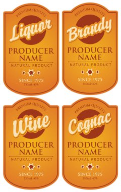 Vector set of four labels for various alcoholic beverages in the figured frame with calligraphic inscriptions on the amber background in retro style. clipart