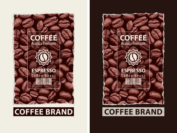 两个咖啡豆标签的向量集 咖啡标签与咖啡豆在花 条形码和文字意式浓缩咖啡 阿拉比卡溢价的背景与咖啡谷物 — 图库矢量图片