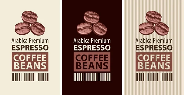 コーヒー豆のラベルのベクトルを設定します コーヒーのラベル つのコーヒー豆 バーコードおよびテキスト エスプレッソ — ストックベクタ