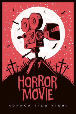 Korku filmi bir mezarlık mehtaplı bir gecede üzerinde eski bir film projektör ile bir festival için vektör poster. Korku sinema. Reklam, afiş, el ilanı, web tasarım için kullanılabilir