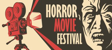 Vektör banner bir festival korku filmi için. Resimde eski film projektör ve yüzü ürpertici bir zombi. Korku sinema. Korku film gecesi. Reklam, afiş, el ilanı, web tasarım için kullanılabilir