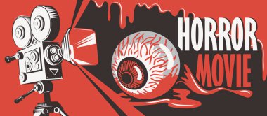 Vektör afiş Festivali korku filmi için. Resimde eski film projektör ve dışarı çekti bir insan gözü kan azıyorum. Korku sinema. Reklam, afiş, el ilanı, web tasarım için kullanılabilir