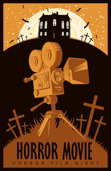 Cartel Vectorial Festival Cine Terror Con Viejo Proyector Cine Cementerio — Vector de stock