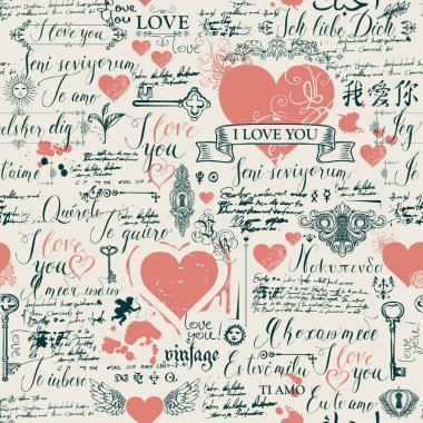 Vektör sorunsuz arka plan ile kalpleri, anahtarlar, anahtar delikleri ve aşk Tema letterings. Retro tarzı aşk beyanları farklı diller ve eski el yazması ile yazılmış el ile arka plan.