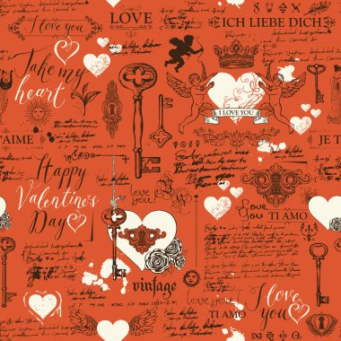 Vektör sorunsuz arka plan tema aşk Bildirgesi ve Sevgililer günü retro tarzı. Kalpler, anahtarlar, anahtar delikleri, tanrılarının ve el yazısı yazıtlar ile arka plan.