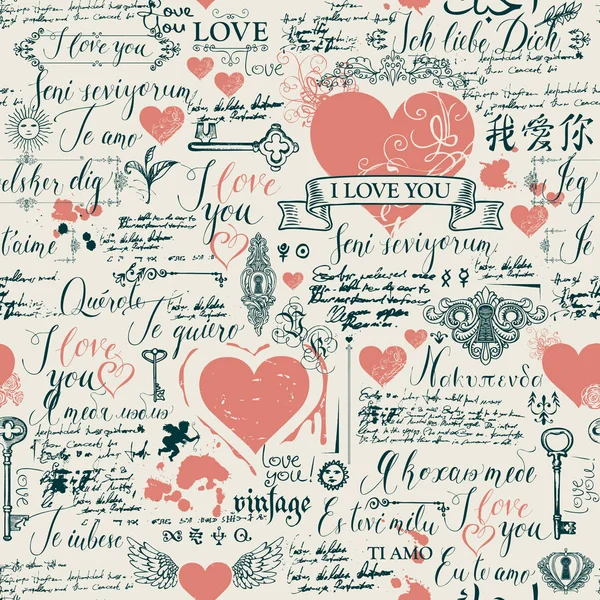 Vektör sorunsuz arka plan ile kalpleri, anahtarlar, anahtar delikleri ve aşk Tema letterings. Retro tarzı aşk beyanları farklı diller ve eski el yazması ile yazılmış el ile arka plan.