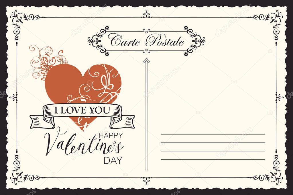 Retro valentine card in form of postcard with red heart and ribbon. Romantic vector card in vintage style with place for text, inscriptions I love you and Happy Valentine's day