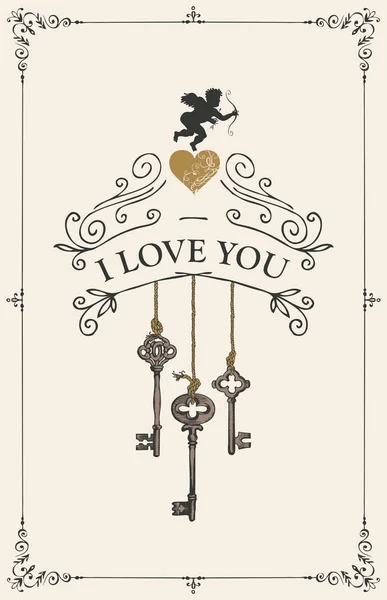 Cartão Vetorial Com Chaves Coração Cupido Romântico Cartão Valentim Com — Vetor de Stock