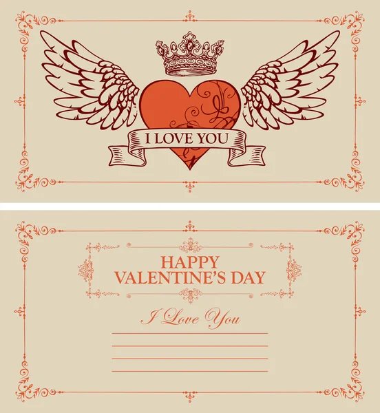 Dois Lados Cartão Valentim Cartão Postal Com Coração Vermelho Asas — Vetor de Stock
