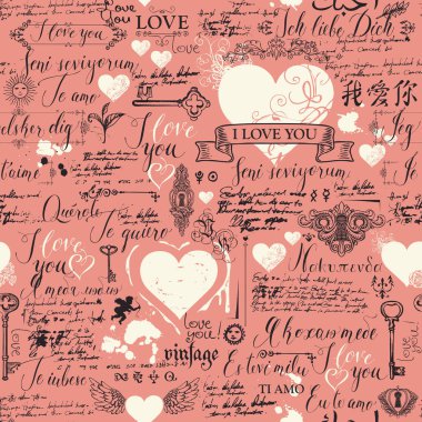 Vektör sorunsuz arka plan ile kalpleri, anahtarlar, anahtar delikleri ve aşk Tema letterings. Retro tarzı aşk beyanları farklı diller ve eski el yazması ile yazılmış el ile arka plan.