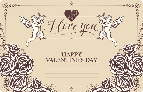 Valentine Card Postcard Cupids Heart Roses Romantic Vector Card Vintage — Stock Vector