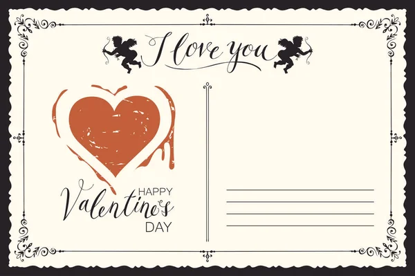Retro Valentinskarte Form Einer Postkarte Mit Rotem Herz Inschriften Und — Stockvektor