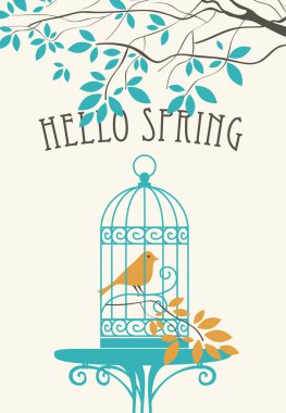 Merhaba Bahar yazı ile vektör afiş. Yeşil ağaç dalı altında masada kafeste kuş ile bahar manzara olduğunu