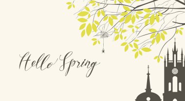 Vektör manzara tema ile el yazısı yazıt Merhaba Bahar, Genç yeşil bir ağaç baharın retro tarzı yaprak, bir örümcek web ve eski kaleler çatılar.