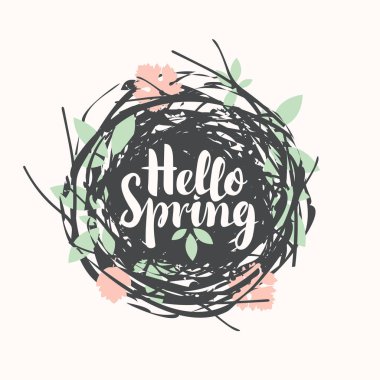 Kaligrafi yazıt Merhaba Bahar arka plan siyah karalamalar şeklinde yuva üzerinde çeşitli yaprakları ile vektör. El ilanları, afiş veya poster, tişört tasarım için kullanılabilir