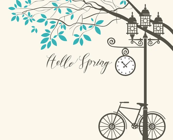 Vektör banner yazıt Merhaba bahar ile. Yeşil ağaç parkı, Bisiklet ve saat lamba yazı üzerine, Bahar yatay