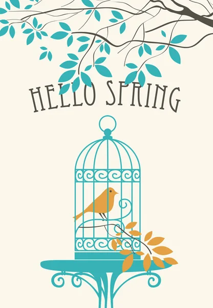 Banner Vectorial Con Letras Hello Spring Paisaje Primavera Con Pájaro — Vector de stock