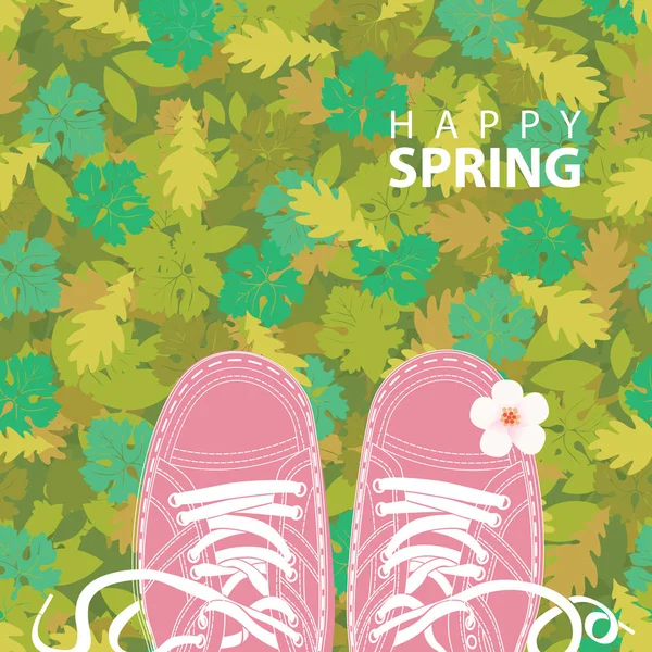 Frühlingsbanner Mit Den Worten Happy Spring Und Rosa Schuhe Auf — Stockvektor