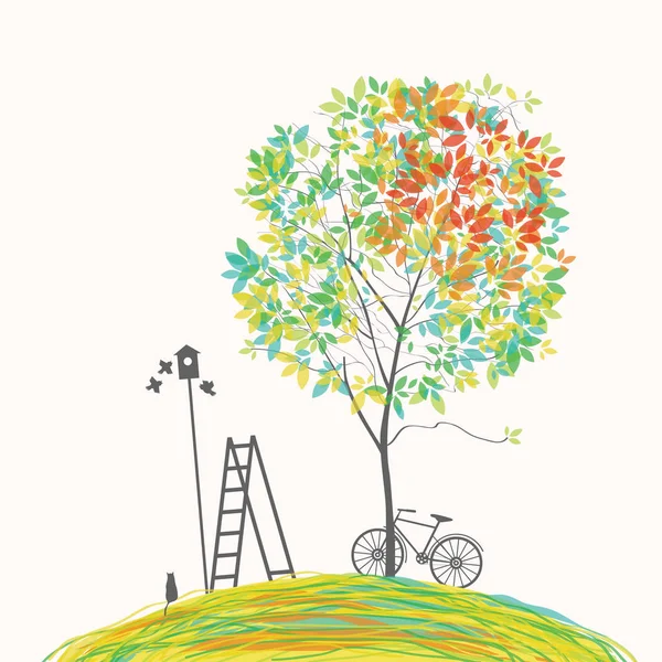 在春天主题的向量例证与绿色树 自行车 猫和梯子在小山在动画片样式 — 图库矢量图片
