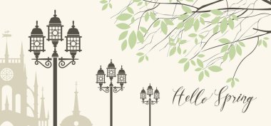 Vektör cityscape tema ile el yazısı yazıt Merhaba bahar bahar retro tarzı. Resimde genç yeşil bir ağaç yaprakları, lampposts ve Avrupa şehrin eski binalar.