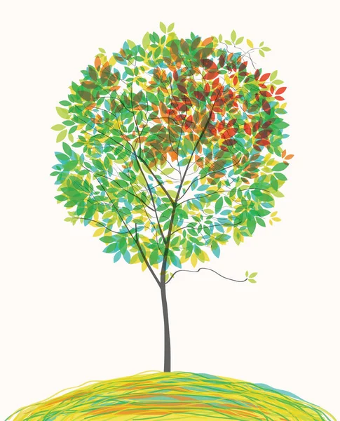 Vector Spring Illustration Stylized Green Tree Hill Cartoon Style — Stock Vector