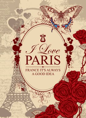 Paris, ünlü Fransız Eyfel Kulesi, kelebek ve eski el yazması ile arka plan üzerinde kırmızı gül sevdiğimi kelimelerle vintage tarzı vektör seyahat afiş noktalar.