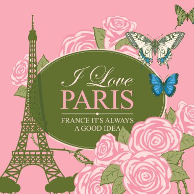 Vektör seyahat afiş ile Paris, sevdiğimi kelimelerle vintage tarzı ünlü Fransız Eyfel Kulesi, kelebek, gül pembe bir arka plan üzerinde